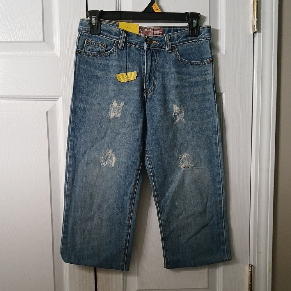 Comfort Denim  cropped denim distressed jean capris  adjustable waist Sz 28 NWT